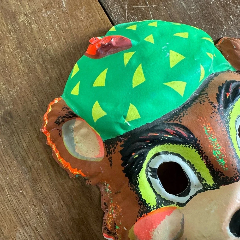 Vintage Ben Cooper 1970s Plastic‎ Bear with Hat Neon black light full face mask